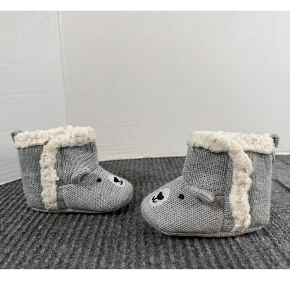 Just One You by Carters Baby Bear Knit Booties Grey Faux Shearling 0-3M